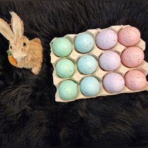 Speckled Dozen of Eggs With Carton Crate and Grass Bunny